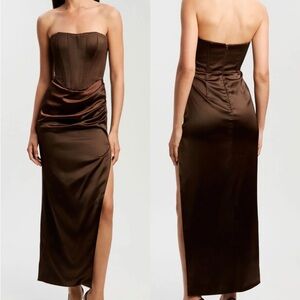 BARDOT | Everlasting Satin Midi Dress In Chocolate